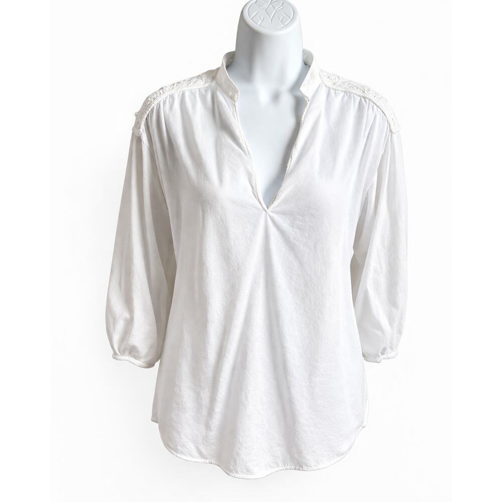Zara White Lightweight Embroidered Tunic Top Women's XS 3/4 Sleeves Relaxed